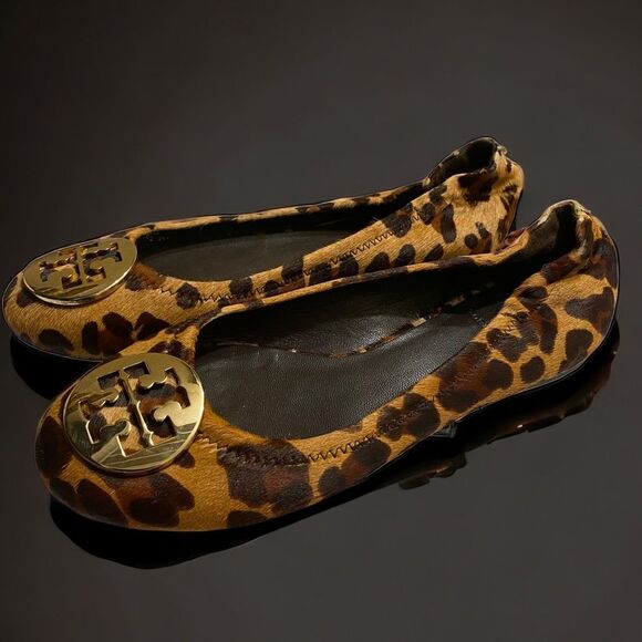 Tory Burch Leopard/Gold Reva-Haircalf Leather Ballet Flats Size 7M - Picture 2 of 9